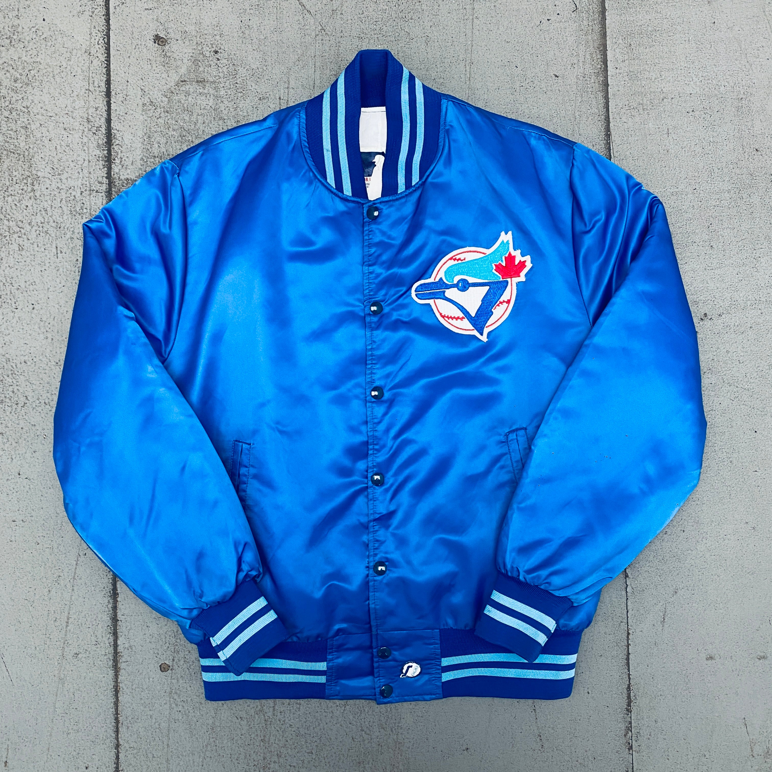 Vintage 1980s Toronto Blue Jays Reverse Spellout Satin Bomber Jacket - Size Large | Retro Baseball Fan Apparel for Men & Women | Game Day, Casual Wear & Collectibles