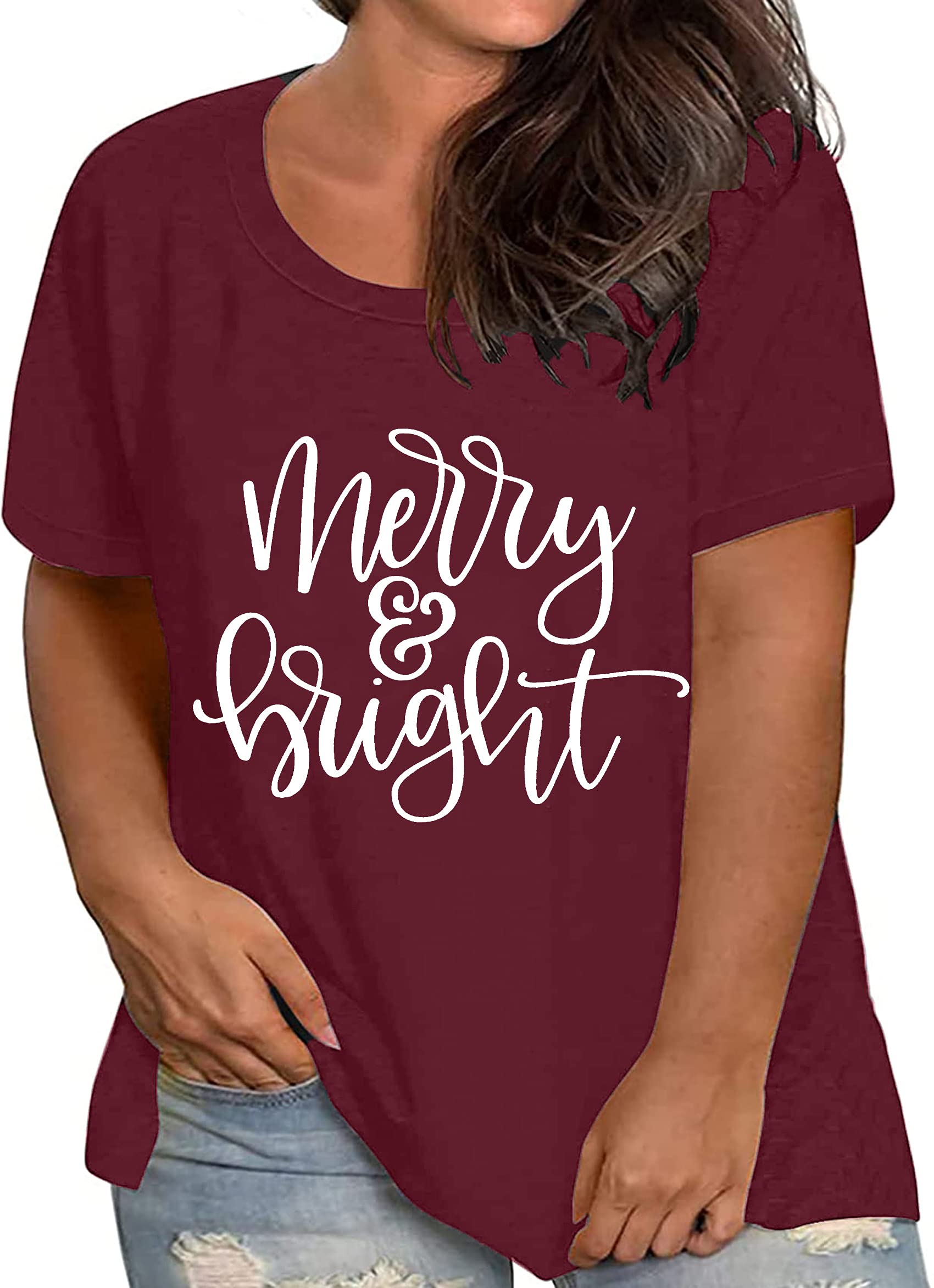 Merry & Bright Christmas Plus Size Shirt for Women - Oversized Holiday Tee with Festive Design - Perfect for Xmas Parties, Family Gatherings & Winter Festivities