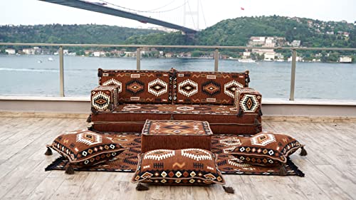8-Inch Thick Floor Seating Sofa - Brown Arabic Style Living Room Couch with Ottoman & Pillows | Oriental Moroccan Home Decor for Yoga, Meditation & Lounge | Comfortable Floor Sofa Bed for Relaxation & Cozy Gatherings