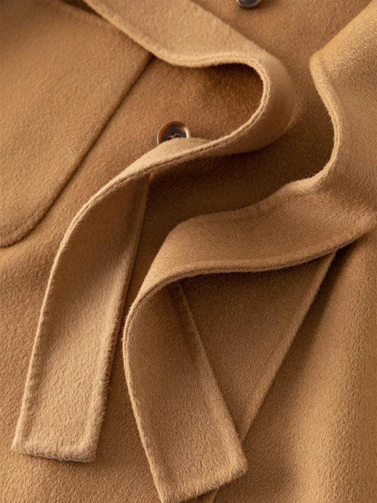 Women's Winter Double Breasted Wool Jacket - Short Loose Fit Belted Coat with Navy Collar | Warm Office Wear & Casual Outerwear for Business Women