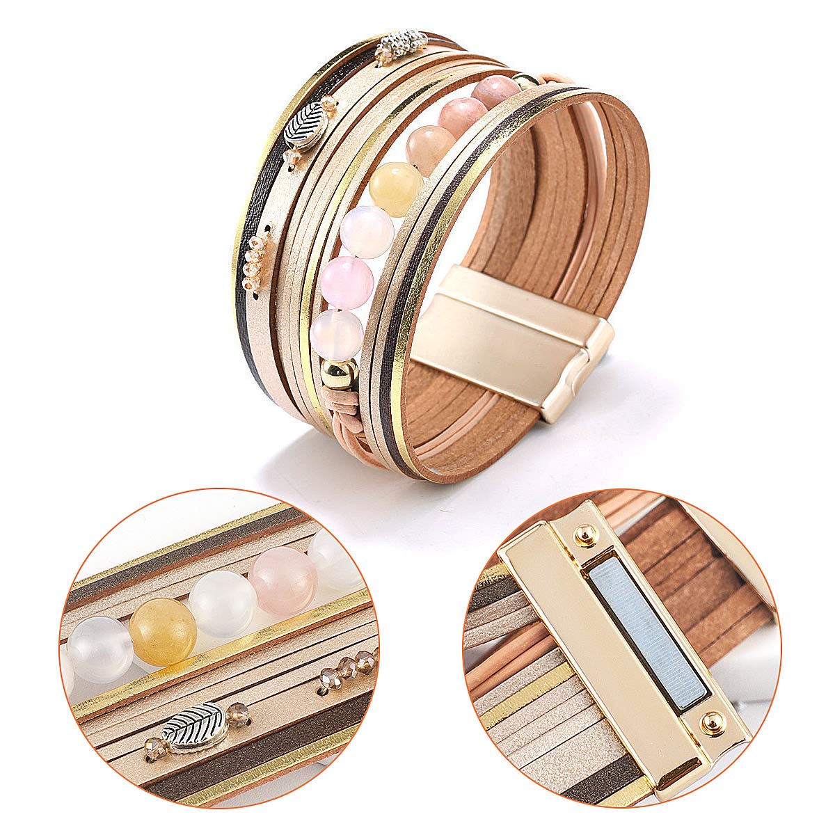 Wowanoo 3-Pack Leather Cuff Bracelet Set for Women - Multilayer Wrap Bracelet with Crystal Feather Tree Design & Magnetic Clasp | Boho Chic Jewelry for Everyday Wear, Parties & Gifts