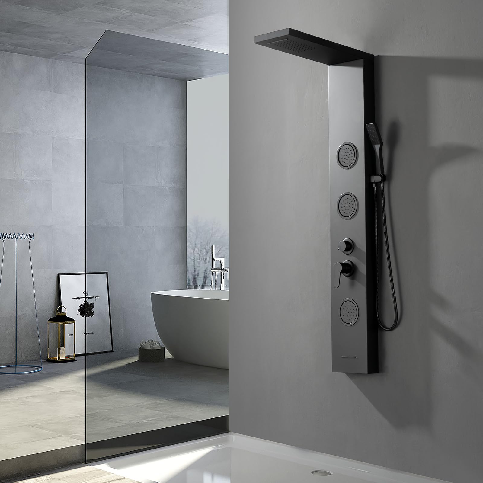 Stainless Steel Multi-Function Shower Panel Tower System with Rainfall Shower Head, 3 Body Jets, Handheld Shower Wand & Tub Spout - Luxury Bathroom Upgrade for Spa-Like Experience
