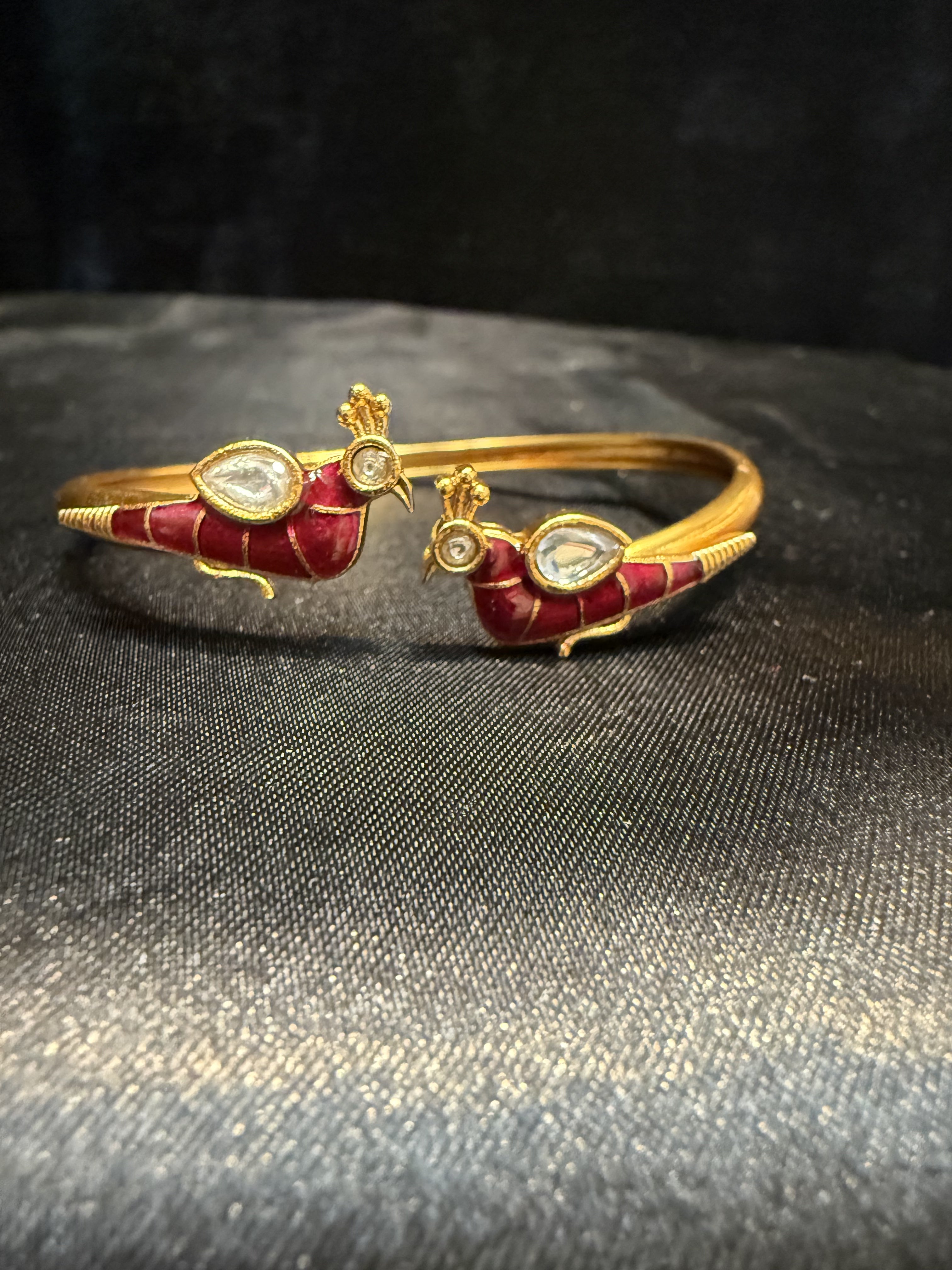 Elegant Gold Plated Peacock Design Bracelet with Hot Pink & White Stones - Perfect for Parties, Weddings & Special Occasions