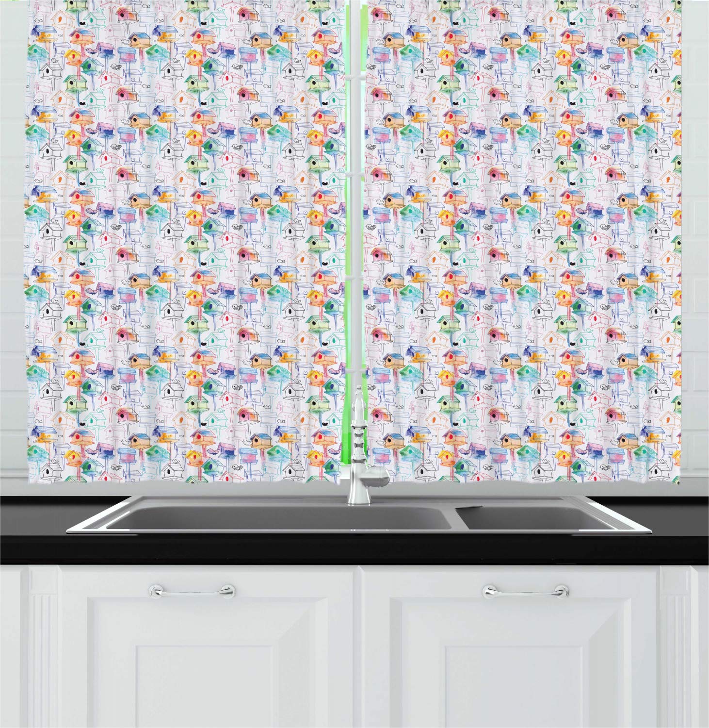 Ambesonne Birdhouse Kitchen Curtains - Colorful Feathered Bird Sketch Print Window Drapes, 2 Panel Set for Kitchen & Cafe Decor, 55
