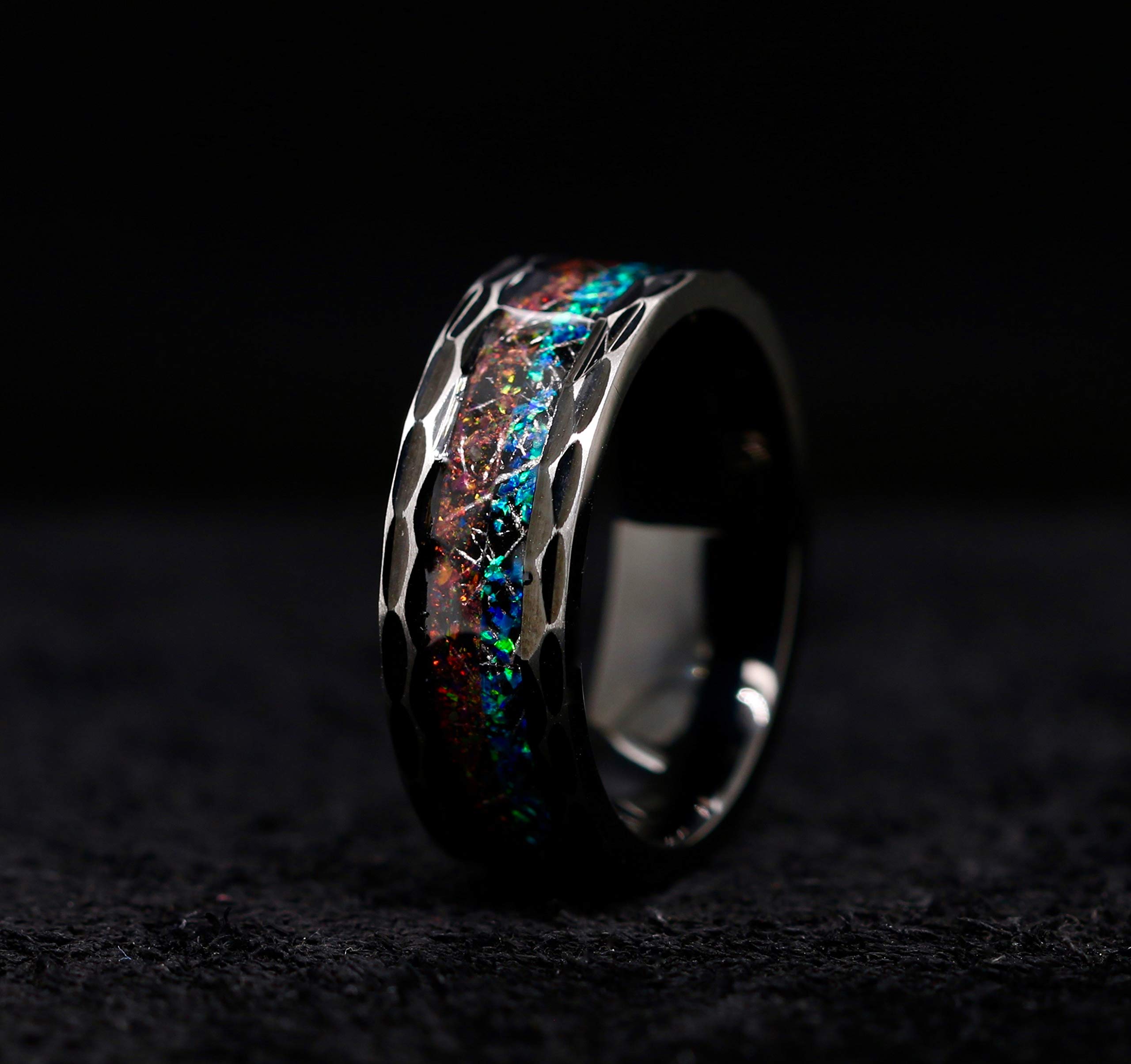 Volcanic Ocean Opal Ring with Meteorite - Unique Blue Opal Wedding Band for Women & Men - Handmade Jewelry for Engagement, Anniversary & Special Occasions