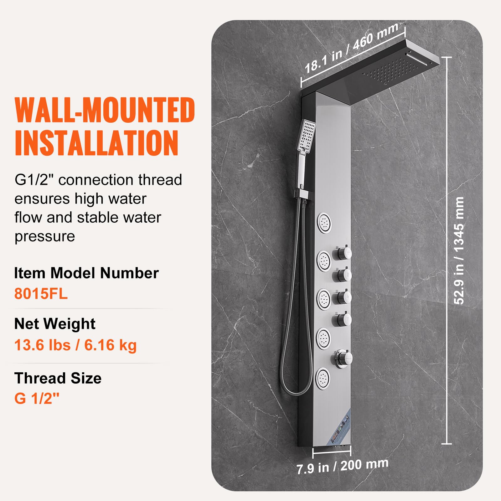 VEVOR Stainless Steel Shower Tower System - 4 Modes (Rainfall, Waterfall, Massage Jets) with 3-Setting Handheld Shower Head & 59