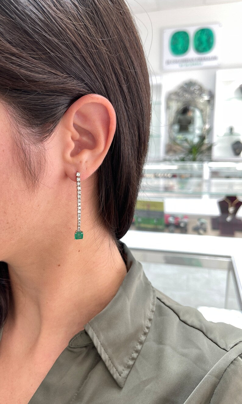 3.0tcw 14K White Gold Asscher Cut Emerald & Diamond Drop Earrings for Women - Elegant Dark Green Gemstone Dangle Jewelry for Wedding, Party & Special Occasions