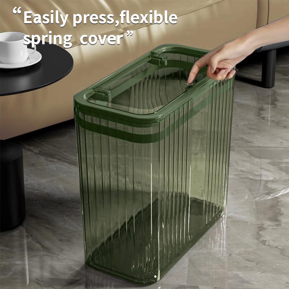 Clear Plastic Trash Can with Press-Top Lid - 3.5 Gallon (15L) Slim Waste Basket for Bathroom, Bedroom, Office & Kitchen - Eco-Friendly Green Garbage Bin for Home Use - Perfect for Small Spaces & Odor Control