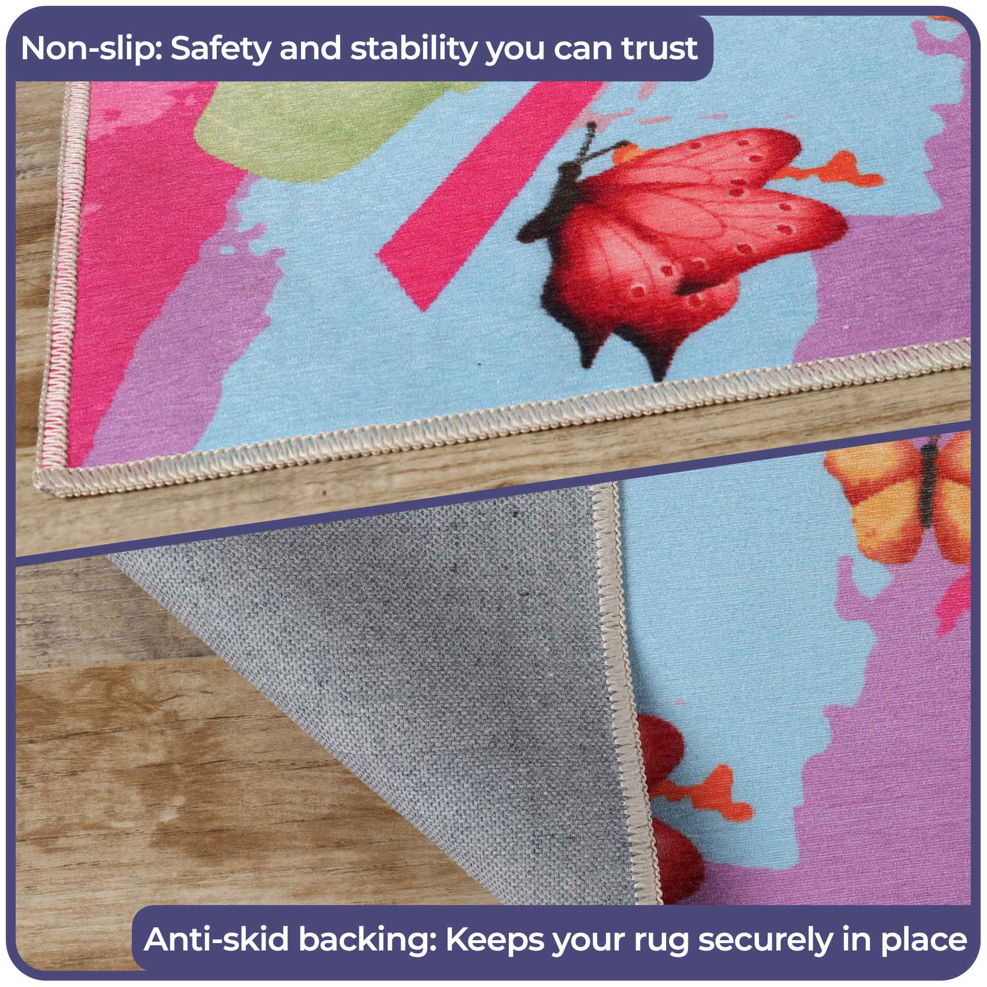 Non-Slip Butterfly Kids Playroom Rug - Washable Nursery Carpet for Toddlers & Children - Soft Indoor Floor Mat for Play Areas, Bedrooms & Daycare
