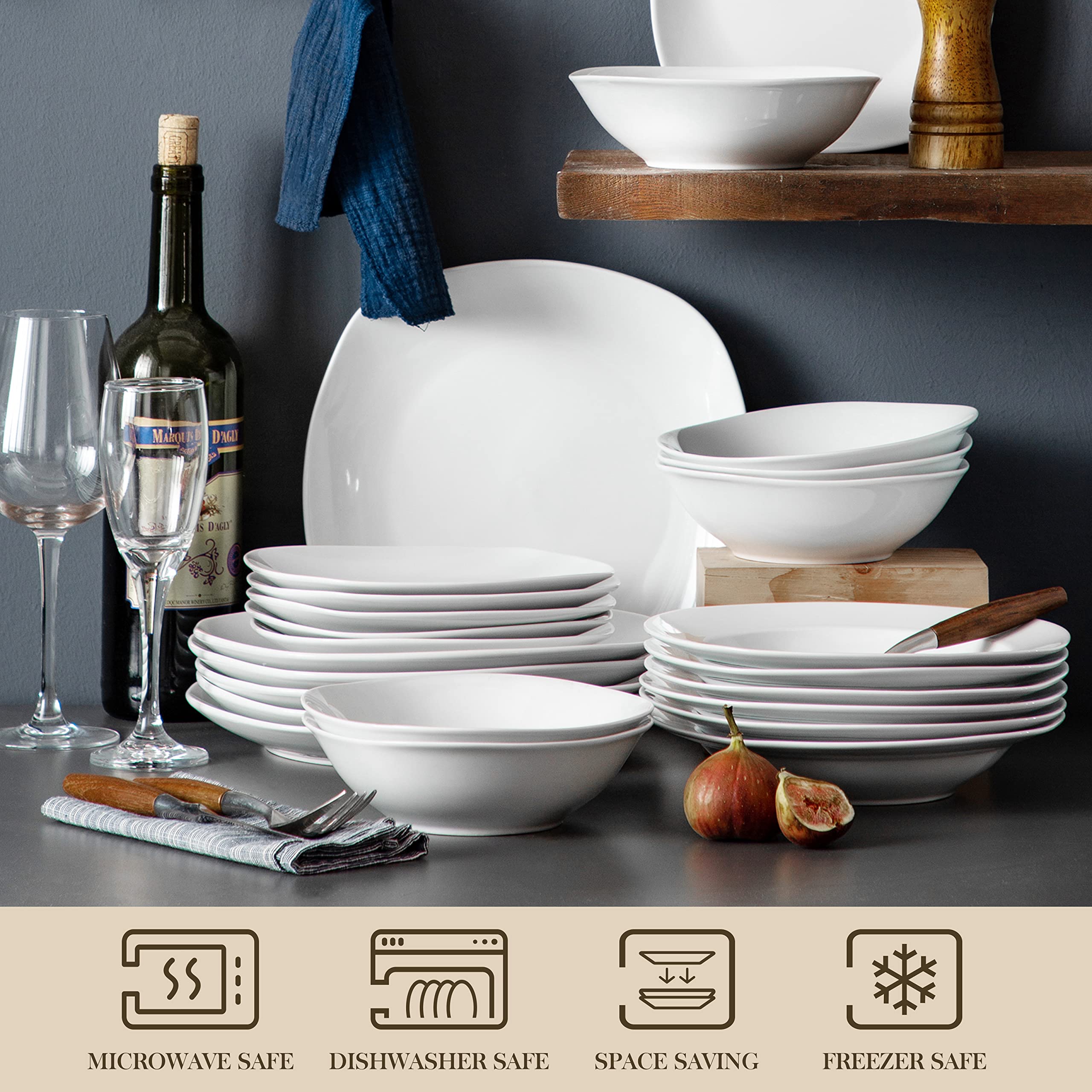 MALACASA 48-Piece Square Dinnerware Set - Gray & White Porcelain Plates and Bowls for 12 People | Lightweight Dish Set for Everyday Dining, Parties & Restaurant Use | Elisa Series Dinnerware Collection