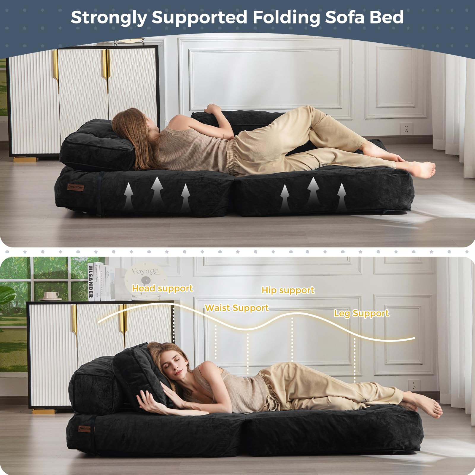 MAXYOYO Velvet Convertible Sleeper Sofa Bed - Foldable Futon Chair with Pillow for Small Spaces, Guest Room & Apartment - Portable Fold Out Bed in Black - Perfect for Living Room, Studio & Dorm