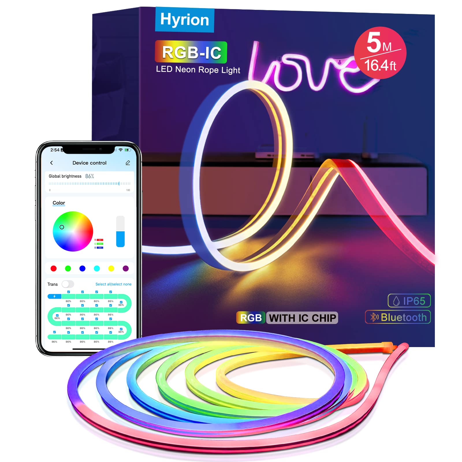 Hyrion Dynamic Neon Rope Lights 16.4ft - Outdoor Waterproof RGBIC LED Strip Lights with Music Sync & Bluetooth APP Control - Cuttable DIY Design for Wall Decor, Bedroom, Living Room, Game Room - Perfect for Parties, Holidays, and Home Lighting