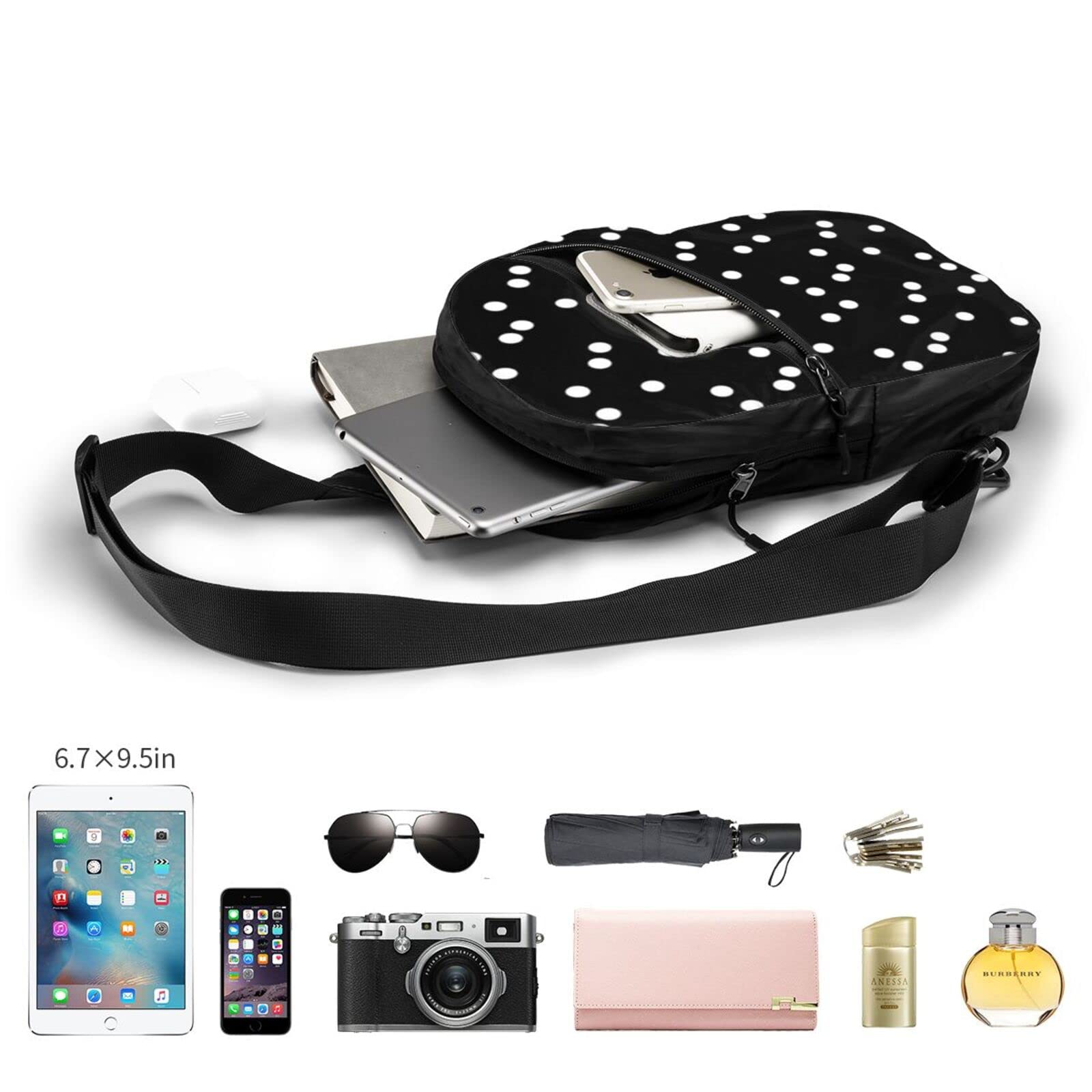 Anti-Theft Crossbody Sling Backpack for Travel - Lightweight Chest Shoulder Bag for Men & Women (Black/White Polka Dots) - Perfect for Hiking, Commuting & Daily Use