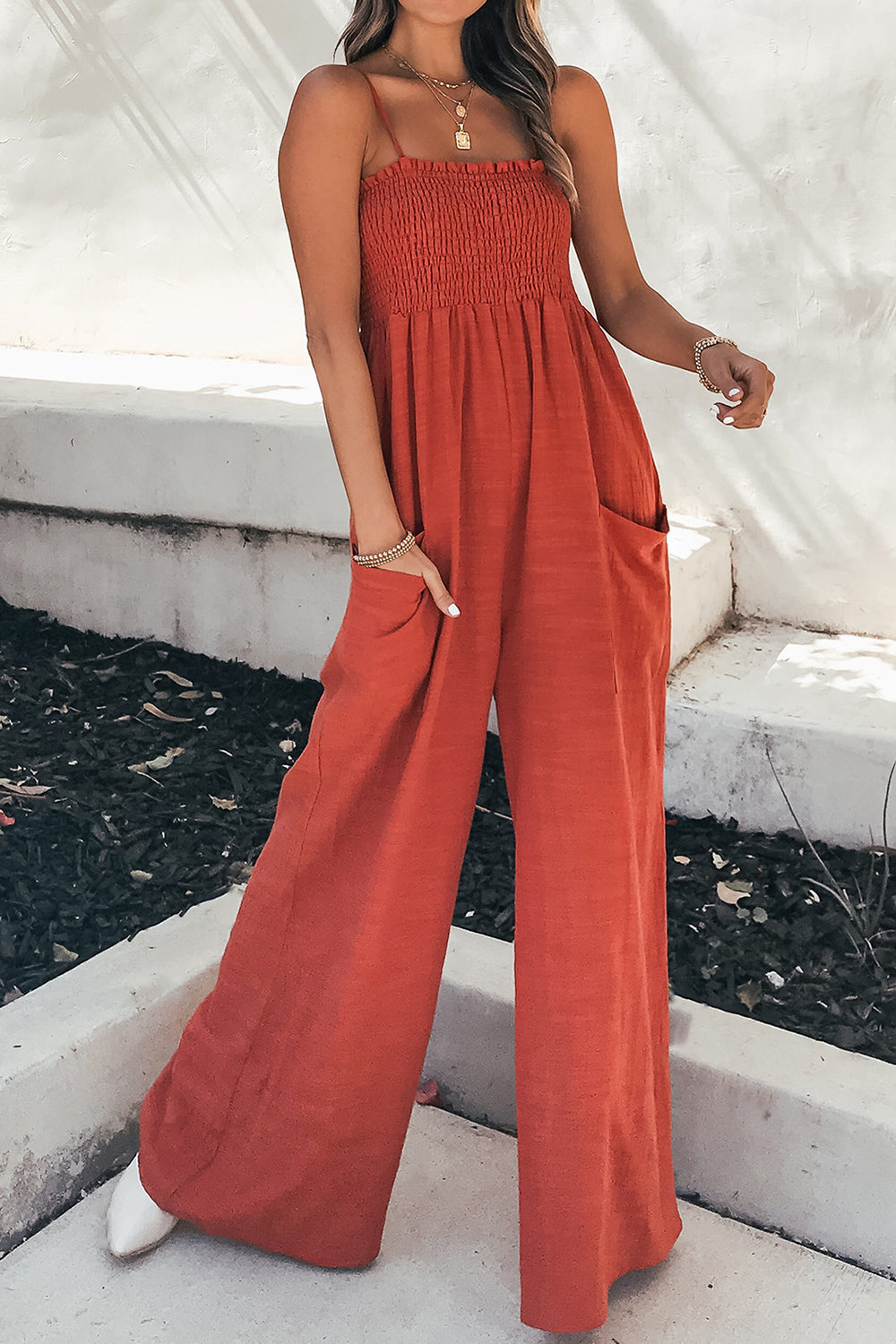 Smocked Spaghetti Strap Wide Leg Jumpsuit for Women - Summer Boho Chic Romper - Perfect for Beach Vacation, Music Festival & Casual Outings
