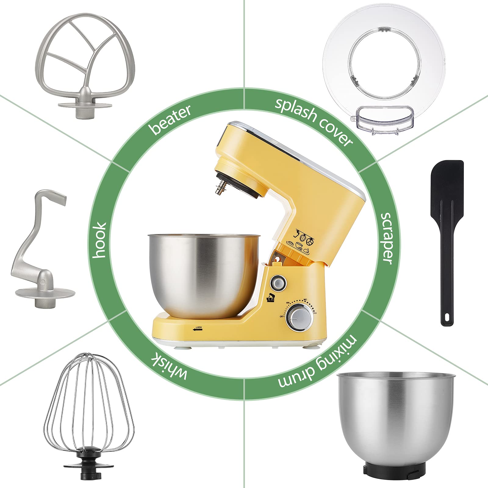 CUSIMAX 5-QT Stand Mixer with Stainless Steel Bowl - Tilt-Head Electric Kitchen Mixer Includes Dough Hook, Mixing Beater & Whisk, Splash Guard in Yellow - Perfect for Baking Cakes, Cookies, Bread & More