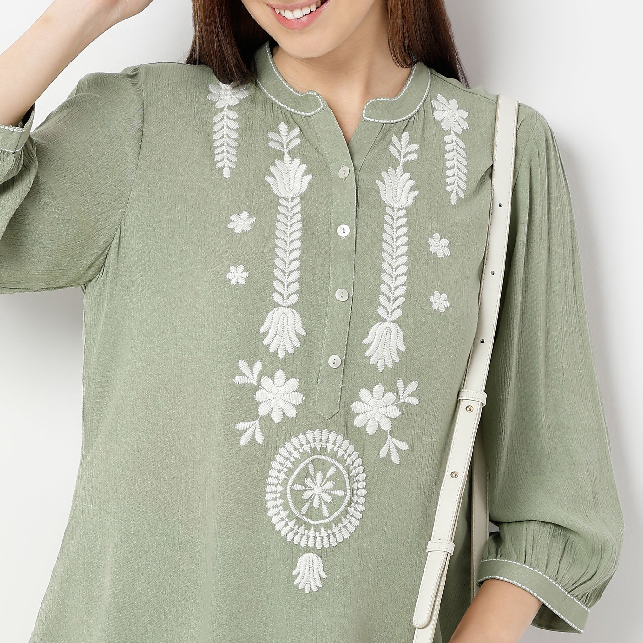 Embroidered Band Neck Three-Quarter Sleeve Straight Fit Tunic Top for Women | Casual Boho Chic Blouse for Work, Date Night & Summer Outfits