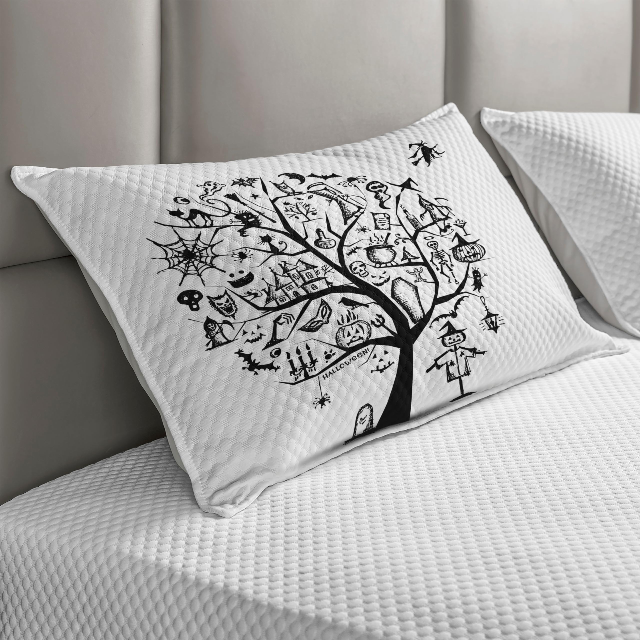 Ambesonne Halloween Quilted Pillow Cover - Spooky Tree & Witch Broom Abstract Design, Standard King Size 36