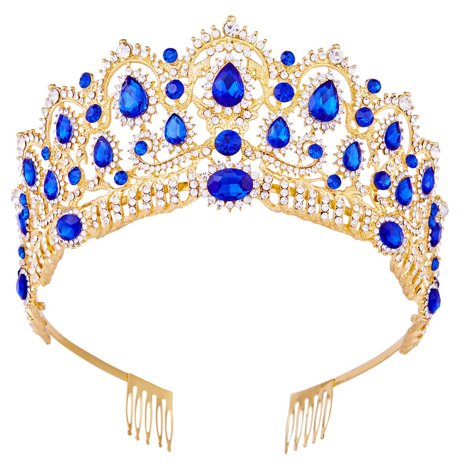 Vofler Gold Audrey Descendants Costume Royal Tiara with Crystal Sapphire - Elegant Blue Crown for Women, Queen, Bride, Princess - Perfect for Quinceañera, Birthday, Wedding, Pageant, Prom, Homecoming & Halloween Party Accessories