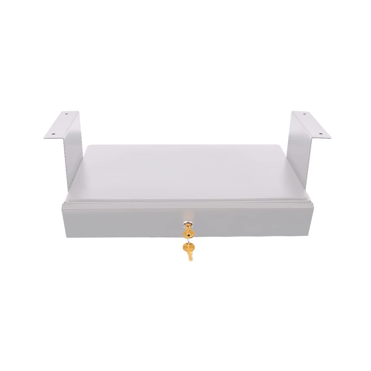 Under Desk Drawer Organizer for Standing Desks - Lockable Sliding Storage with Padded Laptop Shelf, White - Perfect for Home Office & Workspace Organization