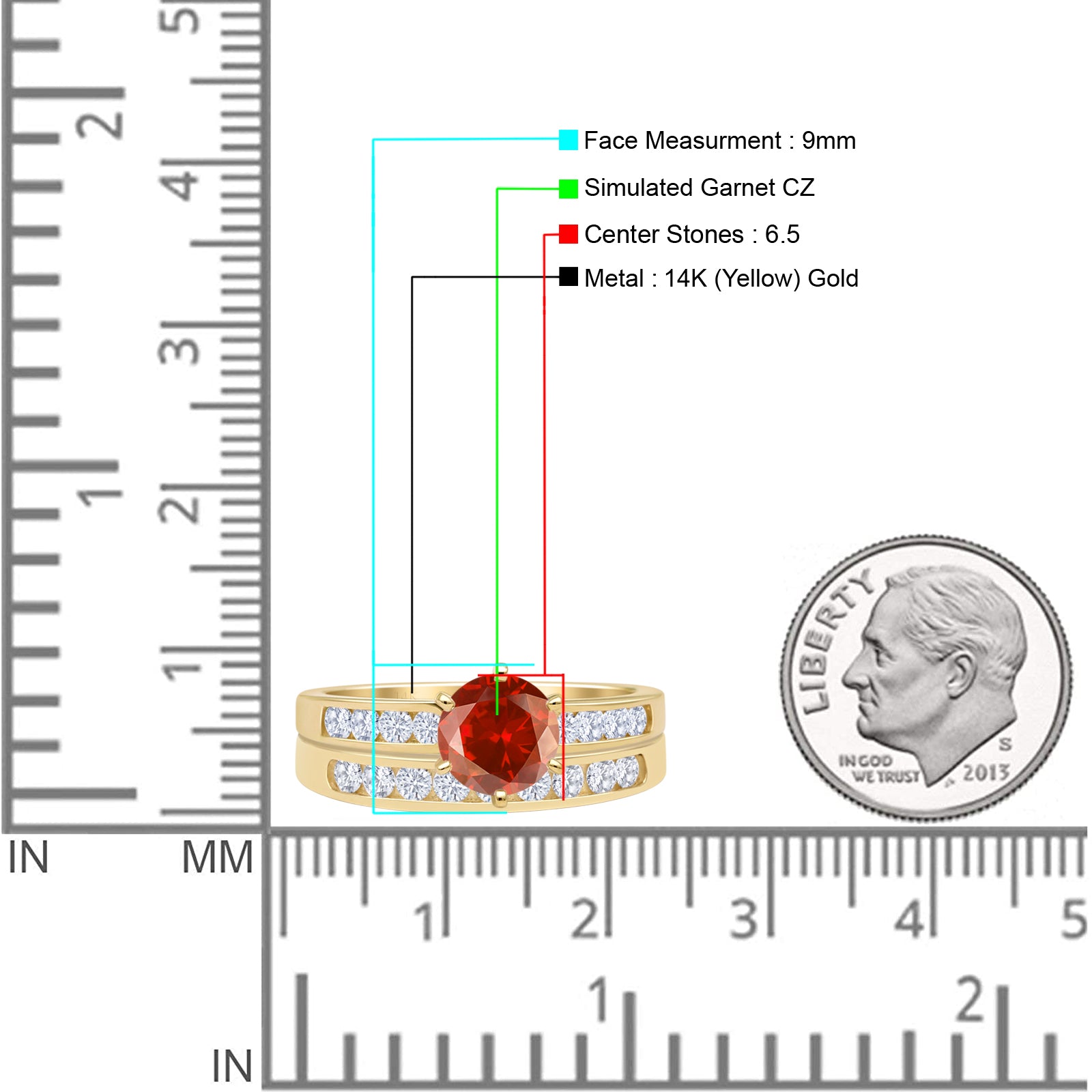 14K Yellow Gold Two Piece Half Eternity Round Garnet CZ Cathedral Wedding Ring Set - Perfect for Engagement, Anniversary, and Special Occasion Gifts