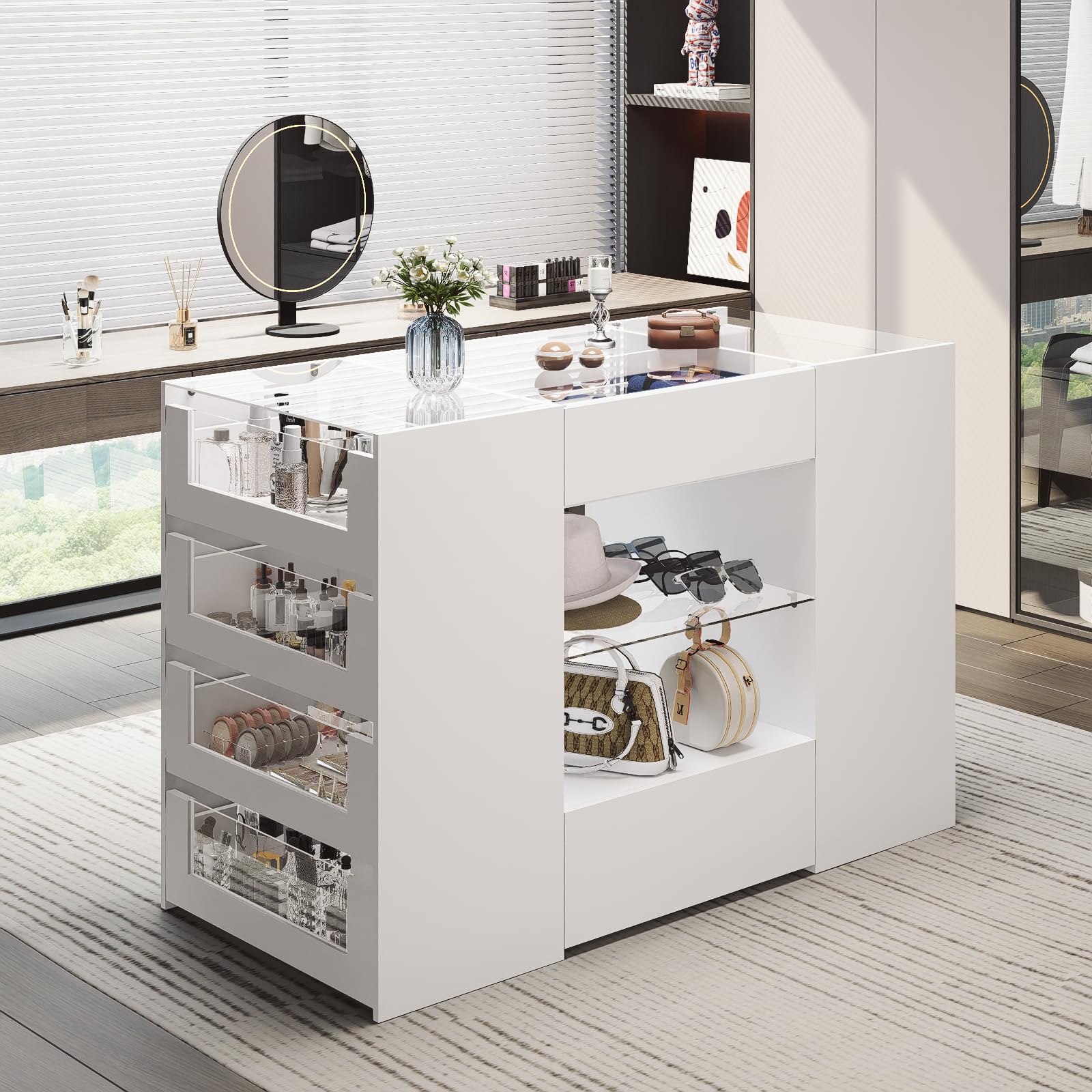 White Wardrobe Armoire with 12 Drawers & Glass Display Shelf - Bedroom Closet Island Dresser with Glass Top for Walk-in Closets & Cloakrooms - Perfect for Organizing Clothes, Shoes & Accessories in Master Bedrooms & Dressing Rooms