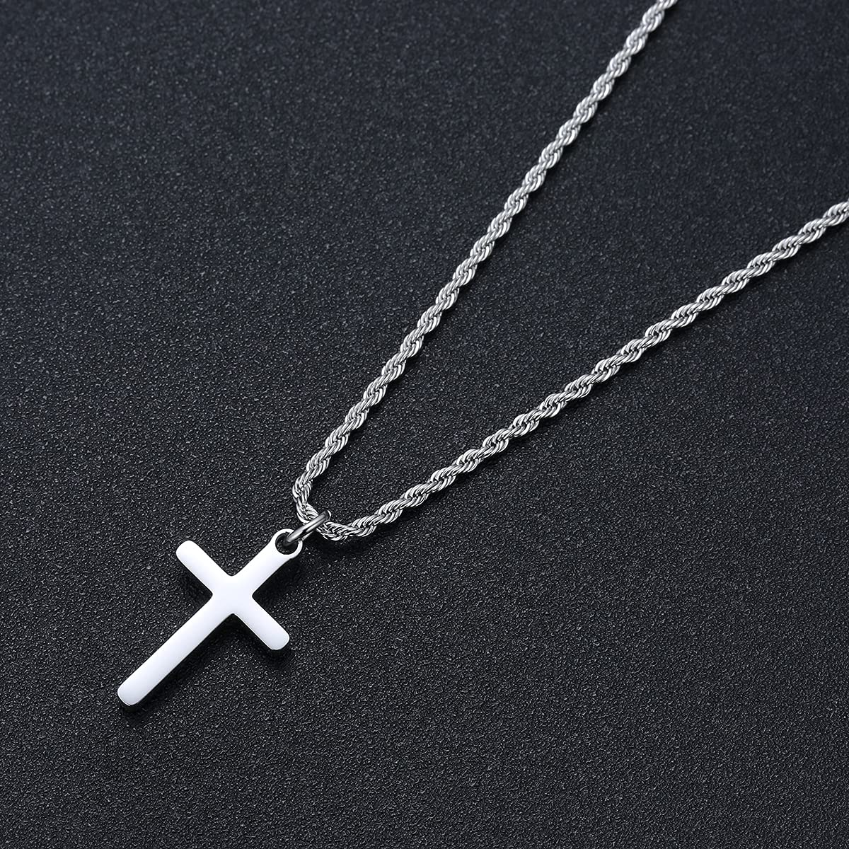 Stainless Steel Cross Necklace for Men & Women - Small Simple Faith Pendant with Twist Rope Chain - 16-24 Inch Adjustable Religious Jewelry Gift for Christmas, Baptism & Daily Wear