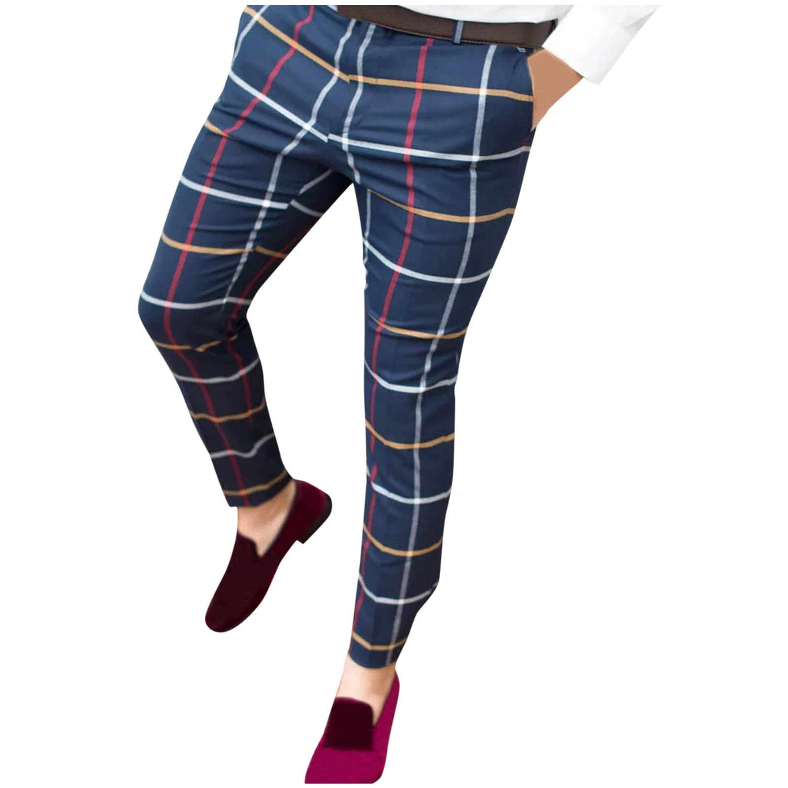 PHSHY Men's Slim Fit Stretch Plaid Dress Pants - Flat Front Business Casual Trousers for Office Work & Formal Occasions | Skinny Fit Tapered Lounge Pants for Professional & Smart Casual Wear