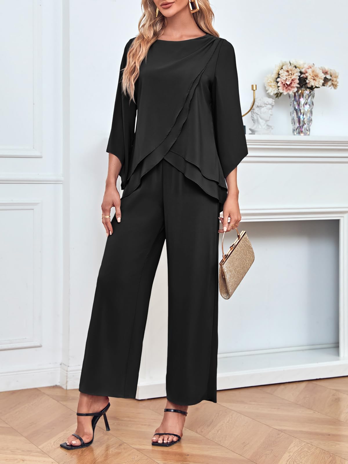 Zongqiven Women's 2-Piece Chiffon Pant Suit Set - Mother of the Bride Asymmetrical Hem Top & Pants for Wedding, Prom & Party Outfits | Elegant Formal Wear for Special Occasions
