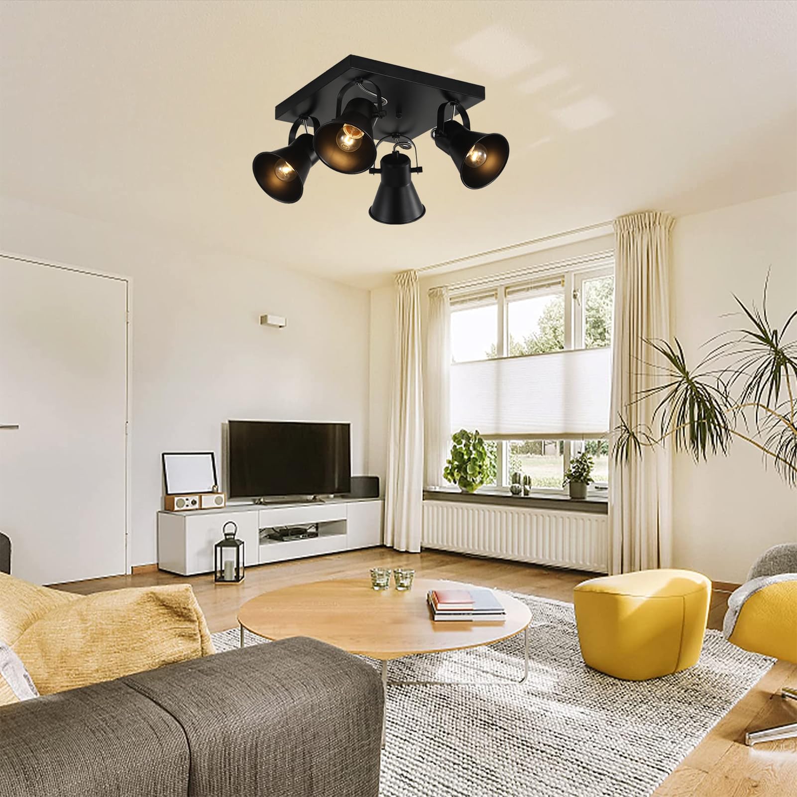SEEBLEN 4-Light Black Adjustable Track Lighting Fixture, Square Flush Mount Ceiling Light for Kitchen, Dining Room, Living Room, Bedroom, Hallway - Perfect for Modern Home and Office Lighting
