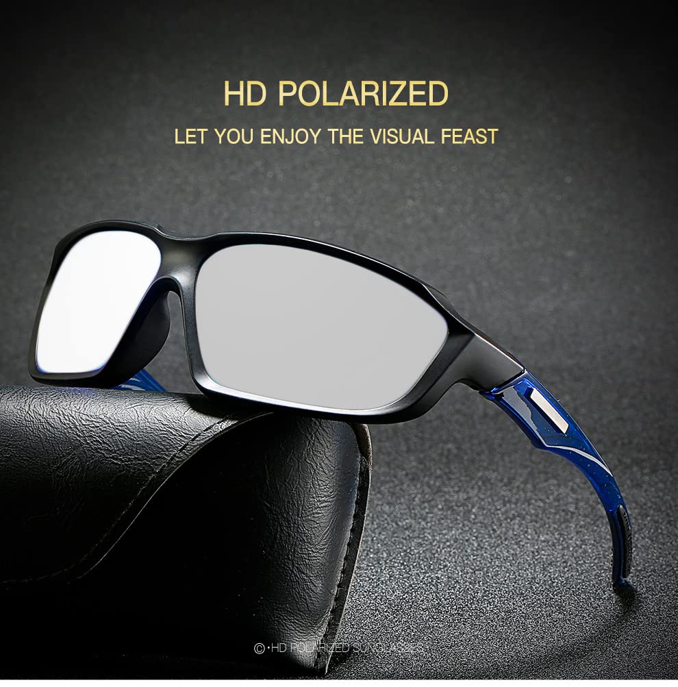 Men's Photochromic Transition Reading Glasses - Blue Square Full Frame Sports Sunglasses (0 to +4.00) for Outdoor Activities, Cycling & Driving