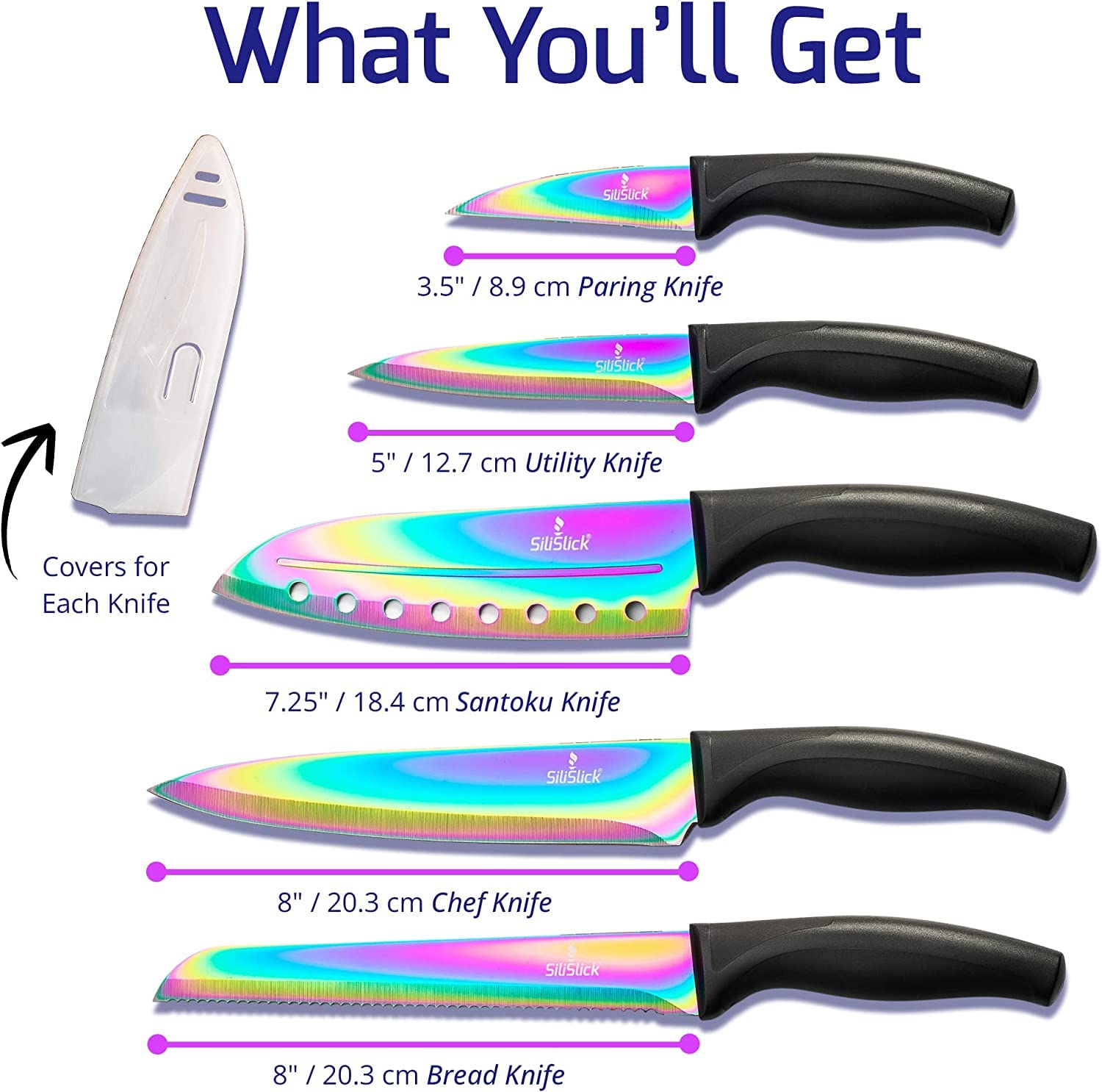 Rainbow Titanium Coated Kitchen Knife Set - 6-Piece Stainless Steel Chef Knives with Ergonomic Non-Slip Handles (Utility, Santoku, Bread, Paring Knives) - Perfect for Home Cooking, Professional Chefs & Gift Giving