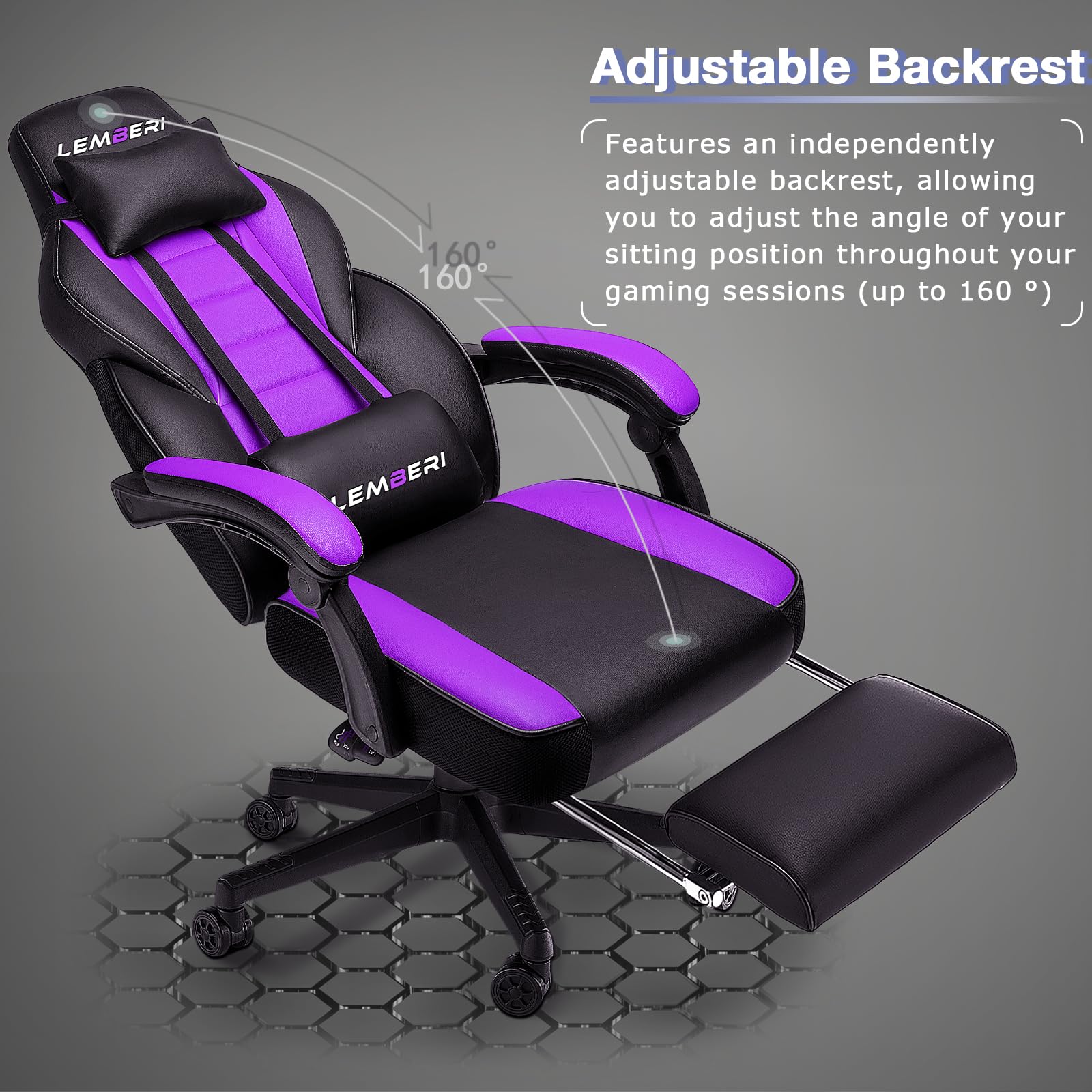 LEMBERI Ergonomic Gaming Chair for Adults - Heavy Duty 400lb Weight Capacity, Racing Style Computer Chair with Adjustable Headrest, Lumbar Support & Footrest - Perfect for PC Gamers, Office Workers & Home Theater Use