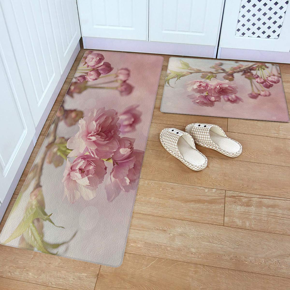 Anti-Fatigue Kitchen Mats Set - Non-Slip Cushioned Floor Rugs for Standing Comfort, Cherry Blossom Design (18