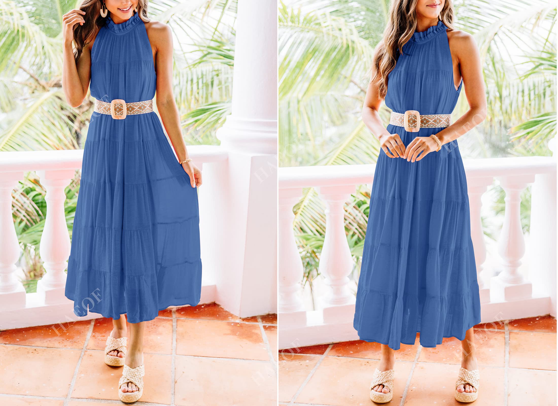 HAEOF Women's Summer Sleeveless Halter Maxi Dress - Flowy Pleated Tiered Beach Sundress for Vacation, Party, and Casual Wear | Lightweight Breathable Long Dress for Women