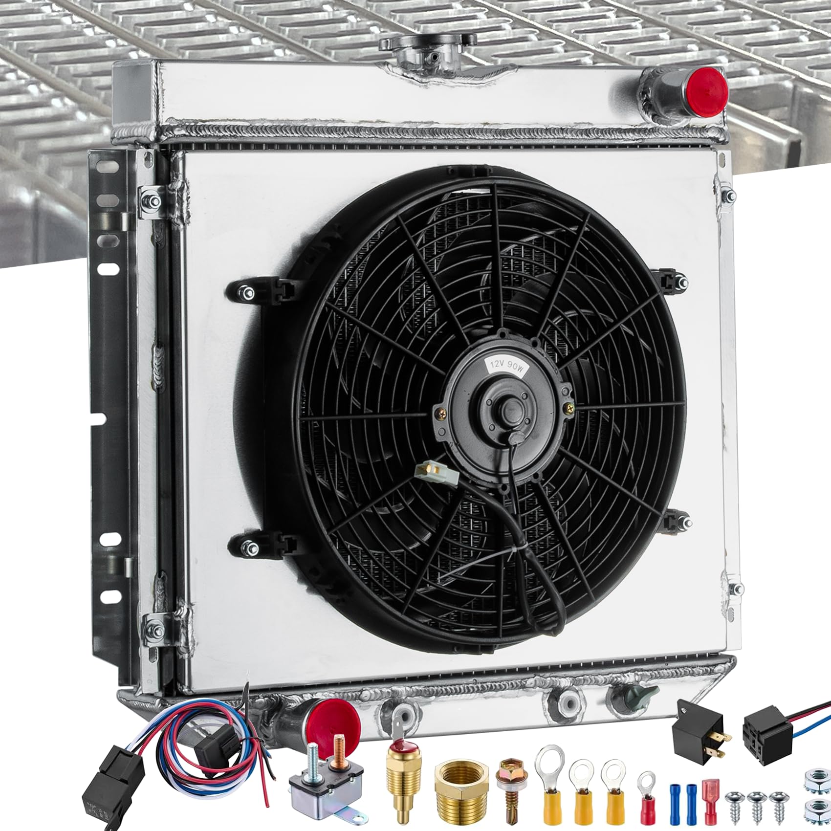 High-Performance 3-Row Full Aluminum Radiator Compatible with 1966-1969 Ford Falcon, 1969-1970 Mustang, 1968-1969 Torino, 1970-1977 Maverick, 1966-1973 Mercury Comet, 1970 Cougar - Includes Fan Shroud & Thermostat Relay Kit - Perfect for Classic Car Restoration & Hot Rod Upgrades