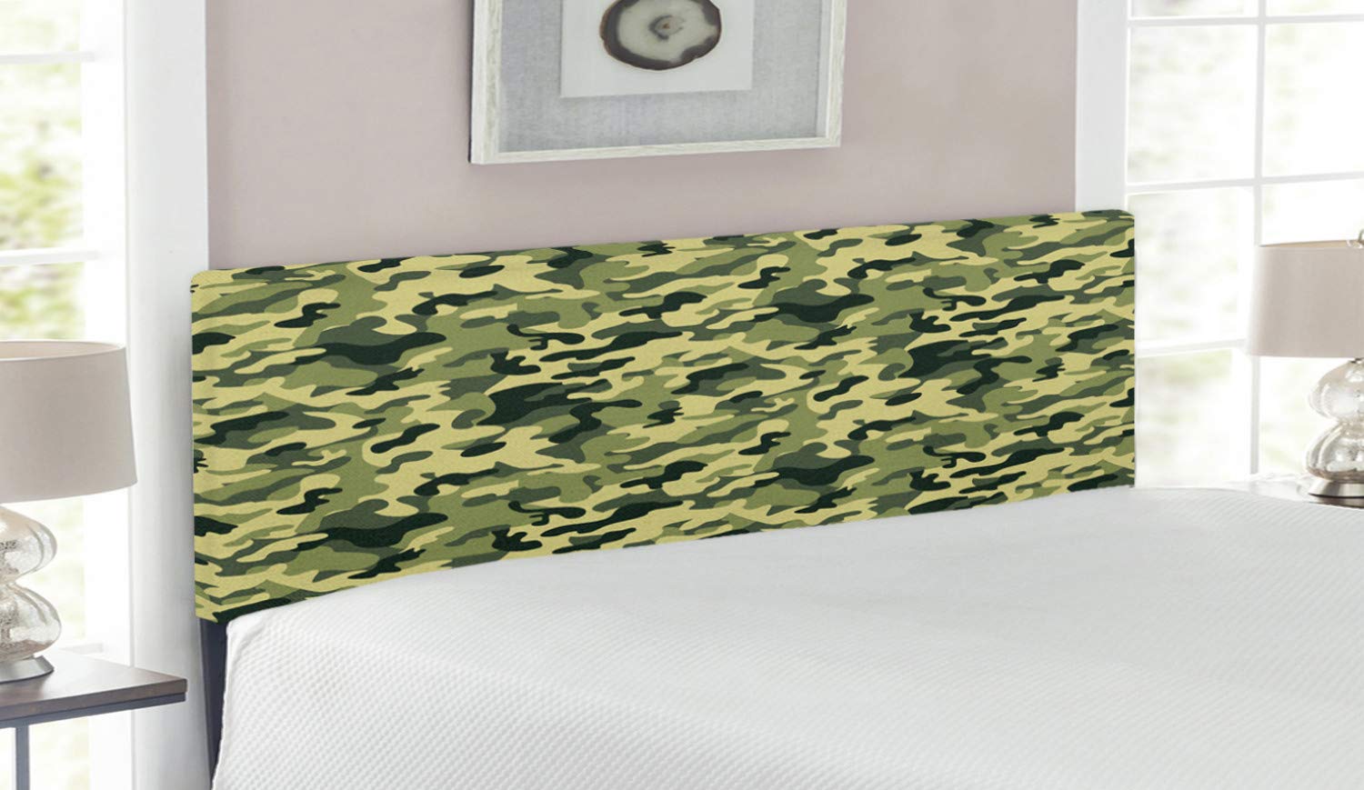 Ambesonne Camouflage Upholstered Headboard - Queen Size Bed Headboard with Memory Foam, Abstract Green Yellow Pattern, Decorative Metal Frame for Bedroom Decor | Perfect for Modern, Bohemian & Military Style Bedrooms