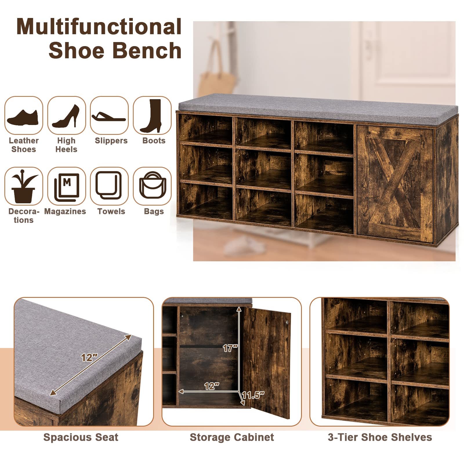 Giantex 9-Cube Shoe Storage Bench with Adjustable Shelves & Removable Cushion - 3-Tier Entryway Organizer for Shoes, Hats & Accessories - Rustic Brown Cabinet for Hallway, Living Room & Bedroom Storage Solution
