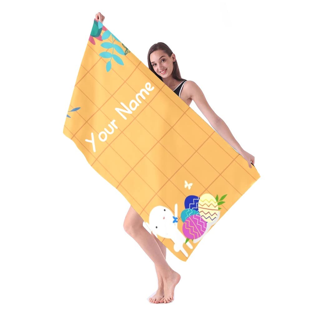 Personalized Custom Name Beach Towel - 30x60 Inch Large Soft Quick Dry Towel for Swimming, Travel, Bath, Sports | Easter Rainbow Eggs Rabbit Leaves Design | Perfect Birthday Gift for Women Men Kids | Great for Pool, Beach, Vacation, Gym and Spa