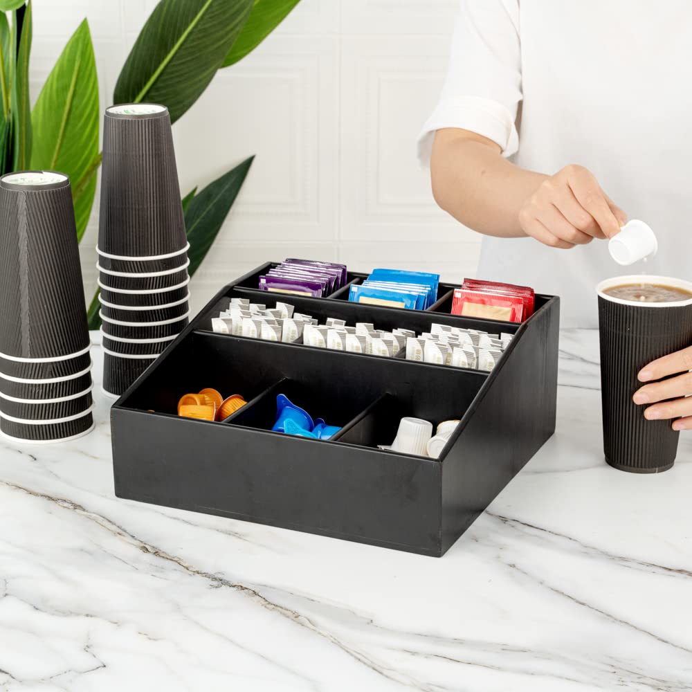 11.75 x 5.5 Inch Black Bamboo Coffee Condiment Organizer with 9 Compartments - Break-Resistant Creamer Caddy for Sugar Packets & Coffee Accessories | Perfect for Restaurants, Cafes & Home Kitchen Countertop Organization
