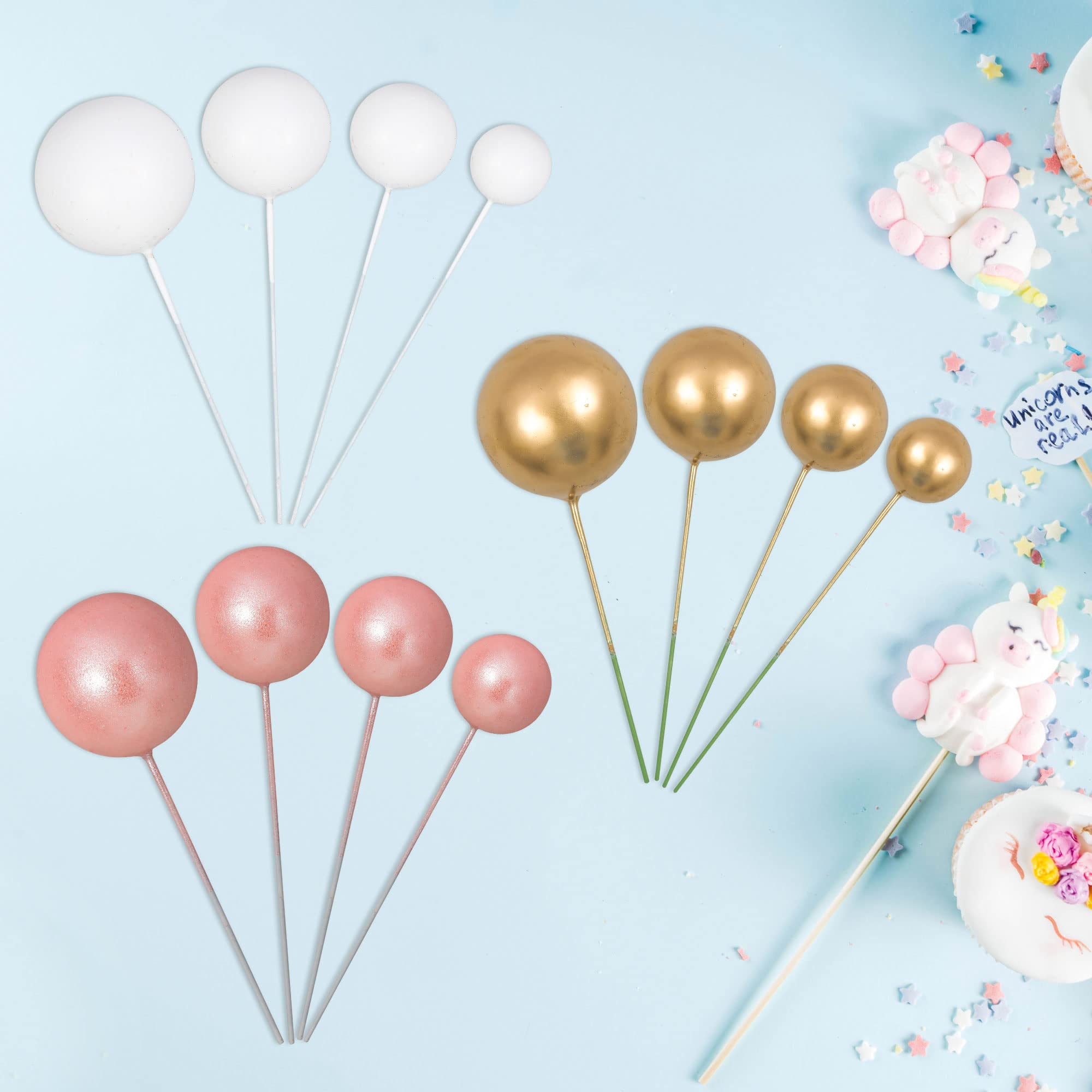 30Pcs Mini Balloon Cake Toppers - Rose Gold & White Gold Foam Ball Cake Decorations for Birthday Party, Baby Shower, Wedding & Anniversary Celebrations - Perfect for DIY Dessert Decor and Special Event Centerpieces