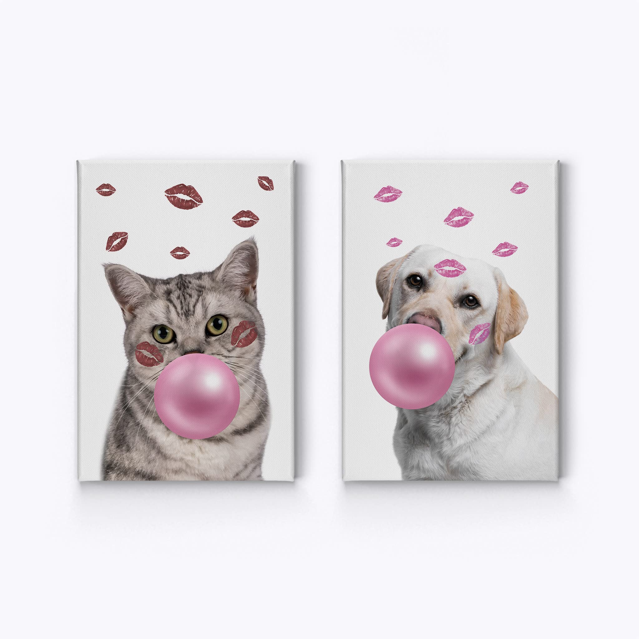 Brazilian Shorthair Cat & Golden Retriever Dog Chewing Bubble Gum Pop Art Canvas Prints Set of 2 - 40x30 Inches Animal Wall Art for Living Room, Bedroom, Nursery & Kids Room Decor - Fun Pet Lover Gift Idea