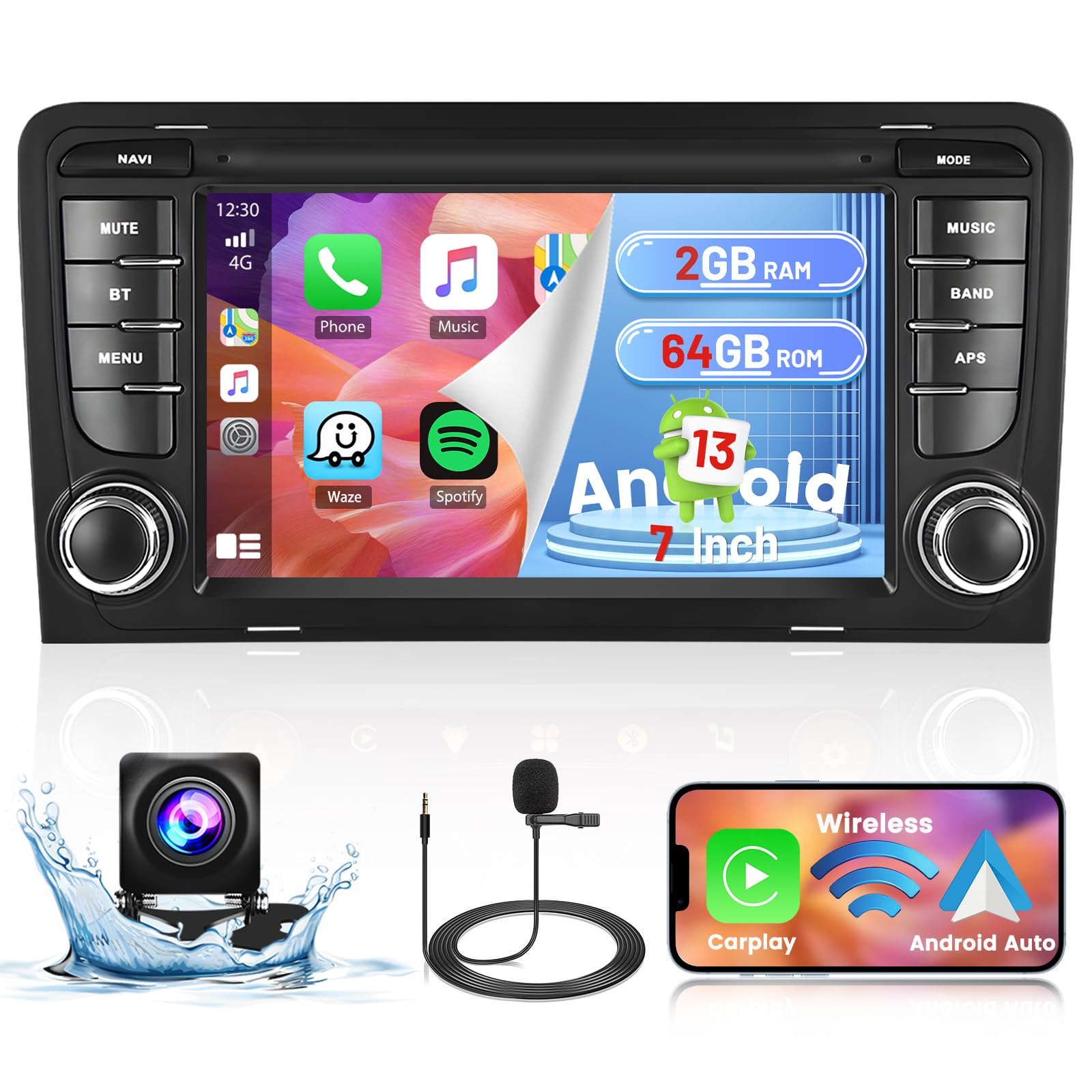Android Car Stereo for Audi A3 S3 RS3 - 7 Inch Touchscreen Radio with 2+64GB, Wireless CarPlay & Android Auto, GPS Navigation, WiFi, Bluetooth, FM, EQ, Backup Camera - Perfect for Commuting & Road Trips