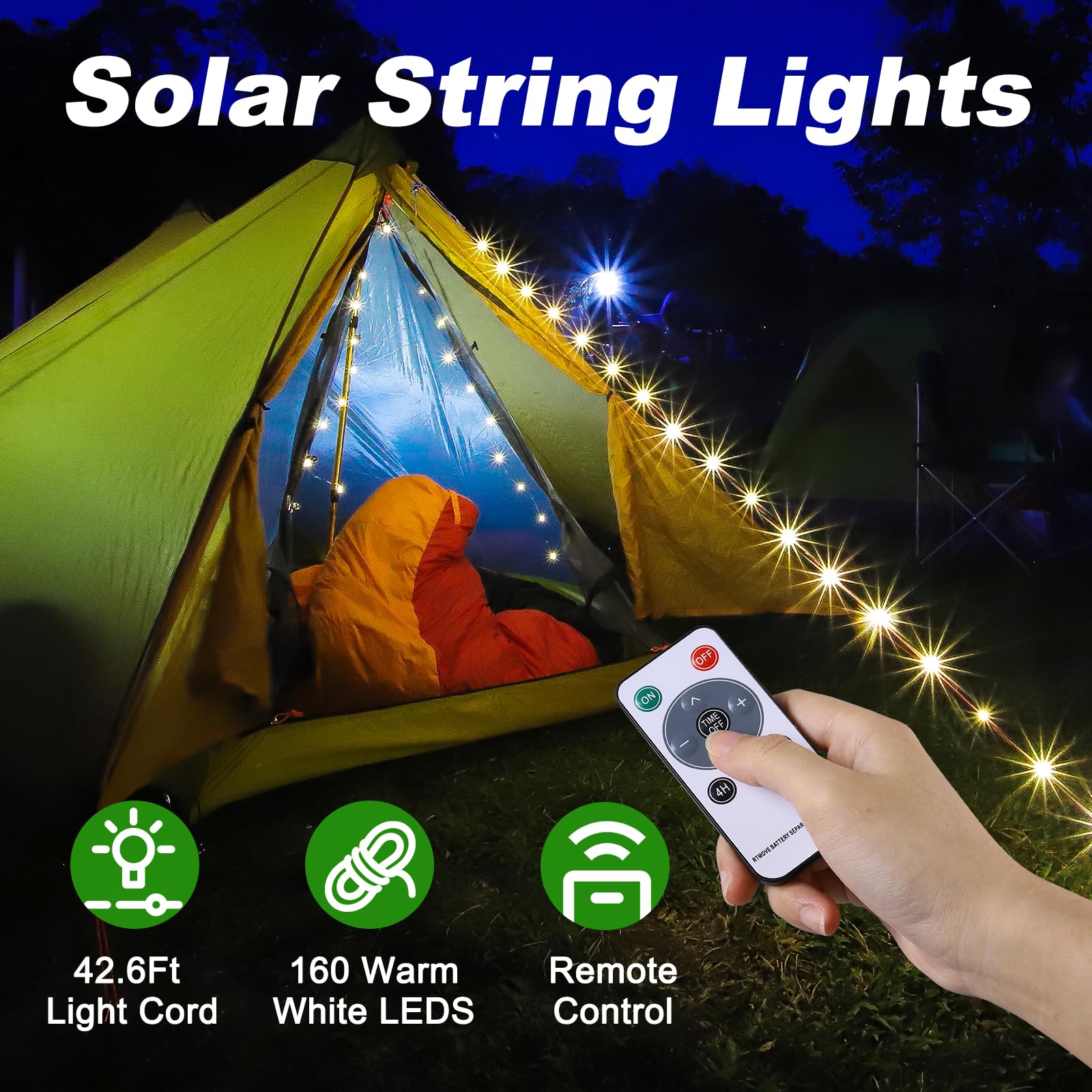 SMY Lighting 4-in-1 Solar Camping String Lights - 42.6Ft Ultra Long Outdoor String Lights with 160 Bright LEDs, Solar Powered & USB Rechargeable, Remote Control Included - Perfect for Camping, Hiking, Backyard, Patio, Garden, and Party Decorations