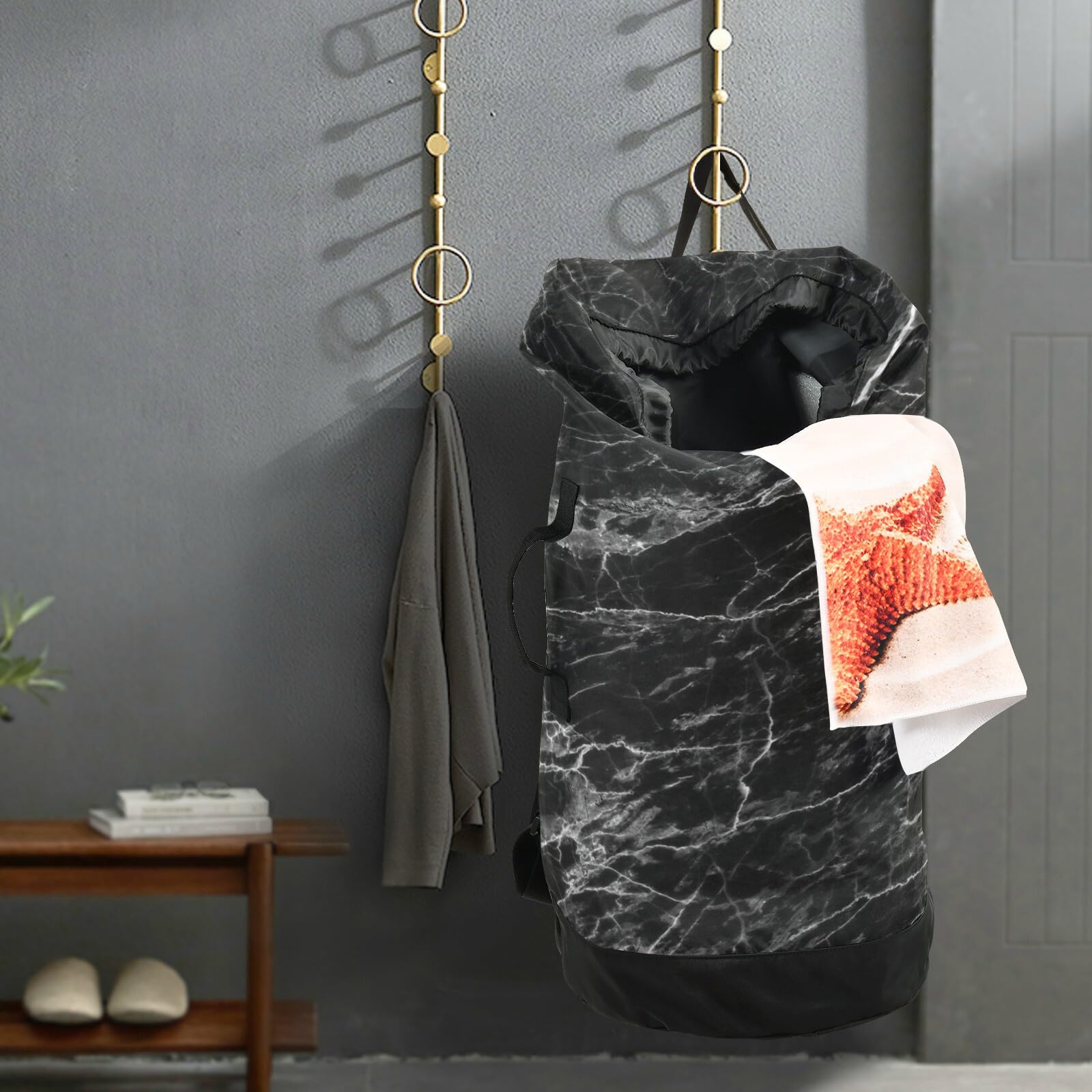 Washable Laundry Backpack - Large Dirty Clothes Bag with Adjustable Shoulder Straps | Heavy Duty Drawstring Travel Laundry Bag for College, Camping & Gym | Black Marble Design for Home & Dorm Organization