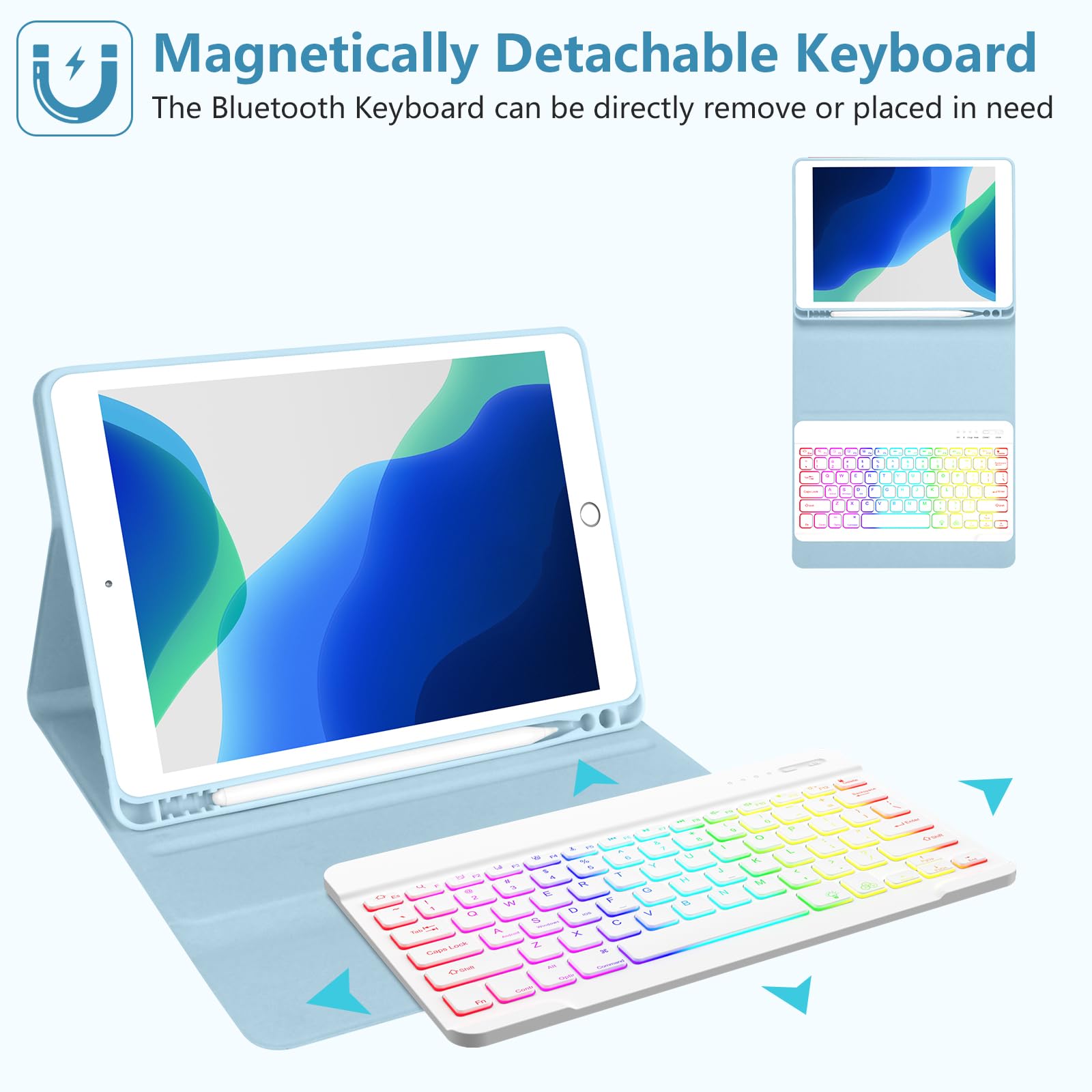 MORECOO iPad 9th Generation Case with Backlit Wireless Keyboard - 7 Color LED, Pencil Holder, Compatible with 10.2