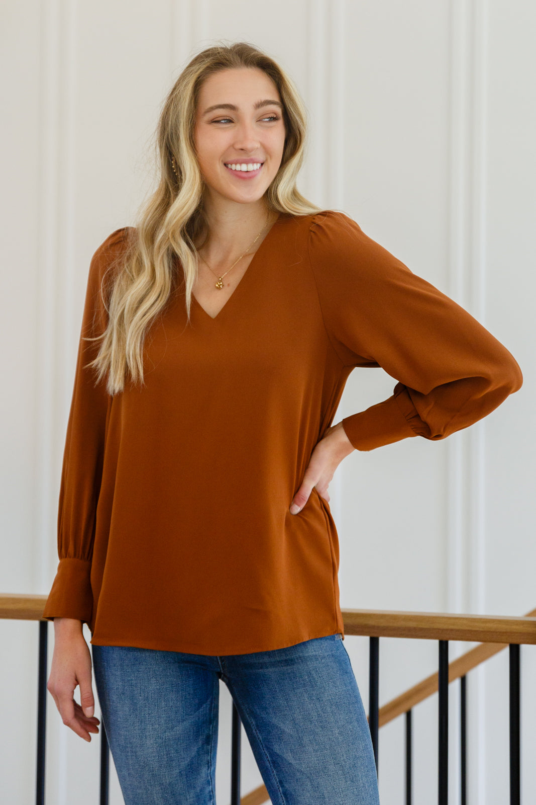Stylish V-Neck Blouse in Toffee Brown - Perfect for Work, Date Night & Casual Outfits | Women's Fashion Top