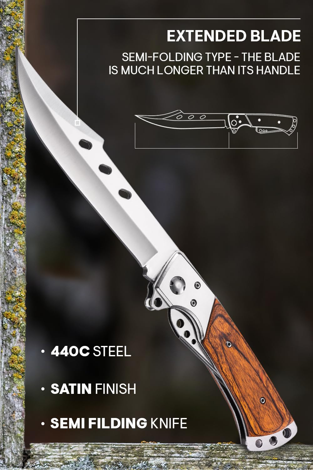 Grand Way Long Blade Folding Knife - Sharp Tactical Survival Knife for Hunting, Hiking & Camping - Rosewood Handle Foldable Large Knife for Men & Women - Perfect for Outdoor Adventures, Survival Kits & Gift Giving (Model 4172)