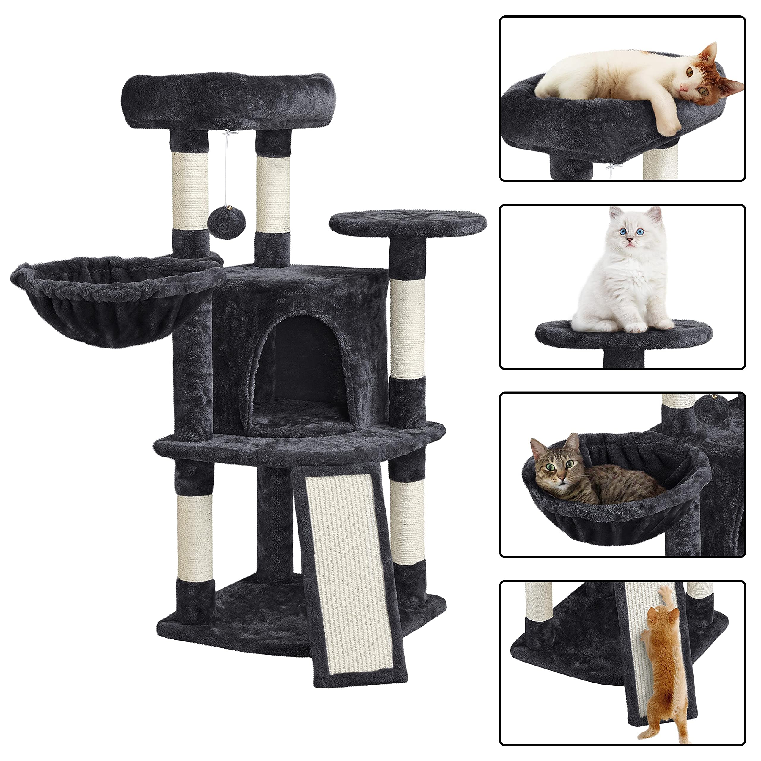 Topeakmart 42 Inch Multi-Level Cat Tree Tower for Indoor Cats - Sturdy Cat Condo with Perch, Hammock & Scratching Posts - Durable Cat Activity Center & House in Black - Perfect for Small Spaces, Apartments & Playtime