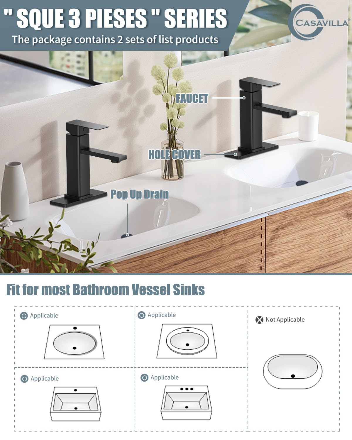 Black Single Handle Bathroom Faucet Set with Pop-Up Drain - Farmhouse & RV Sink Faucet for Vanity (1/3 Hole) - Perfect for Home & Camping