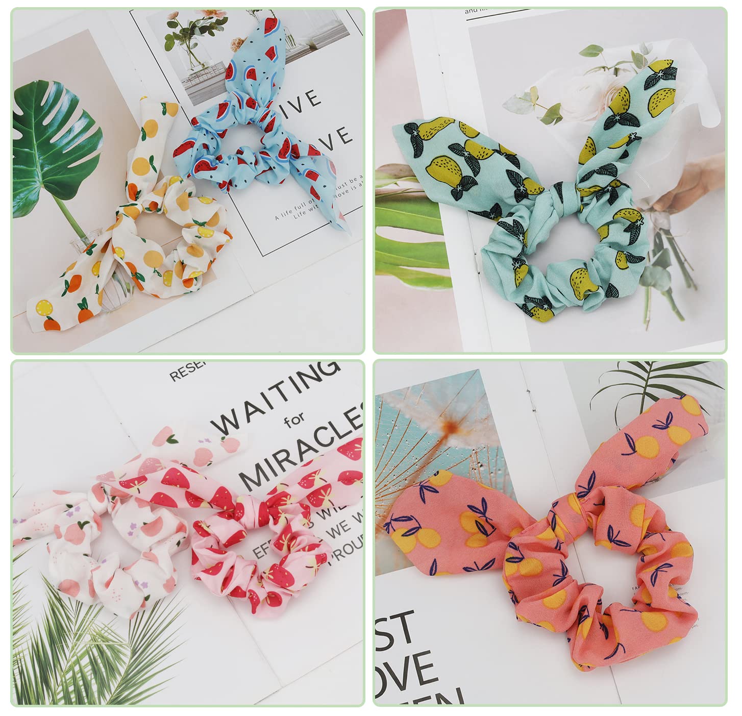 20 Pack Scrunchies for Thick Hair - Cute Ribbon Hair Ties with Fruit Bows for Women & Girls, Soft Ponytail Holders Hair Accessories (Perfect for School, Work, Gym & Everyday Styling)